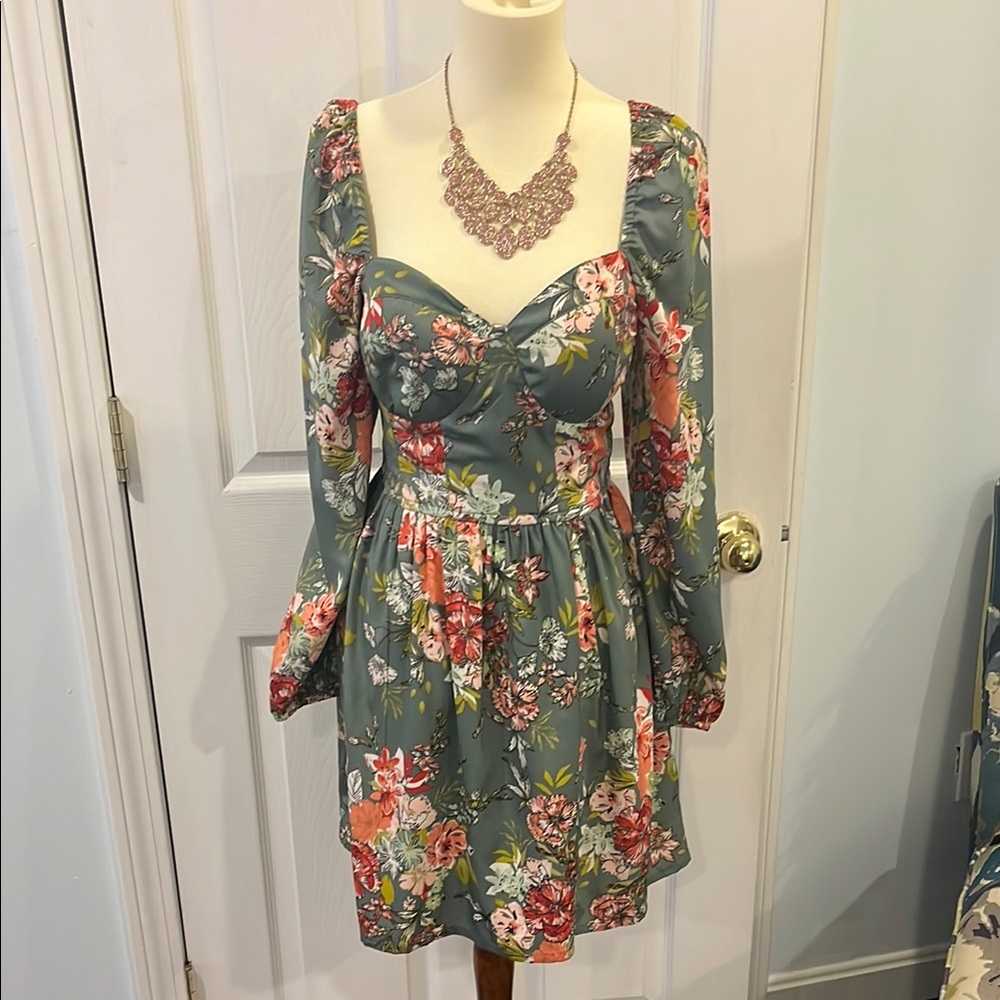 BOG COLLECTIVE SAGE GREEN LONG SLEEVE FLORAL PRINT DRESS WITH BRA TOP /GATHERED